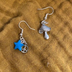 blue star, peace, and mushroom earrings